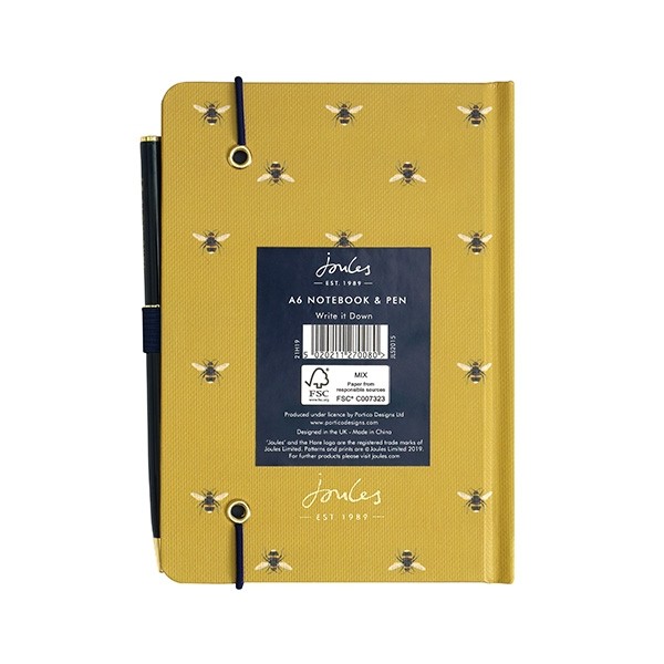 Bee Pattern A6 Notebook with Pen By Joules
